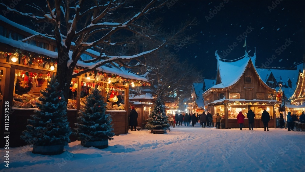 Obraz premium A Charming Snowy Winter Night in a Decorated Neighborhood Features Holiday Lights Illuminating Cozy Homes, Creating a Festive and Peaceful Atmosphere Amidst Fresh