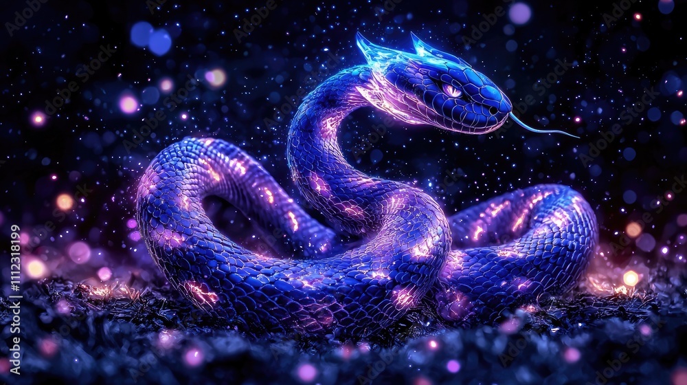 Enchanting cosmic snake displaying ethereal colors in a mystical forest digital art fantasy realm wide angle view Enchanting cosmic snake displaying ethereal colors in a mystical forest digital art fantasy realm wide angle view