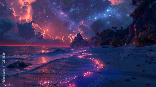 Ethereal Cosmic Beach at Dusk with Glowing Sand Under a Starry Sky, Capturing the Beauty of Nature and Celestial Elements in a Stunning Landscape