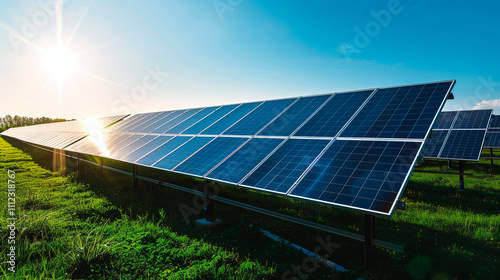 Field of solar panels under a clear, sunny sky. The panels are lined up in rows, capturing sunlight to convert it into renewable energy.