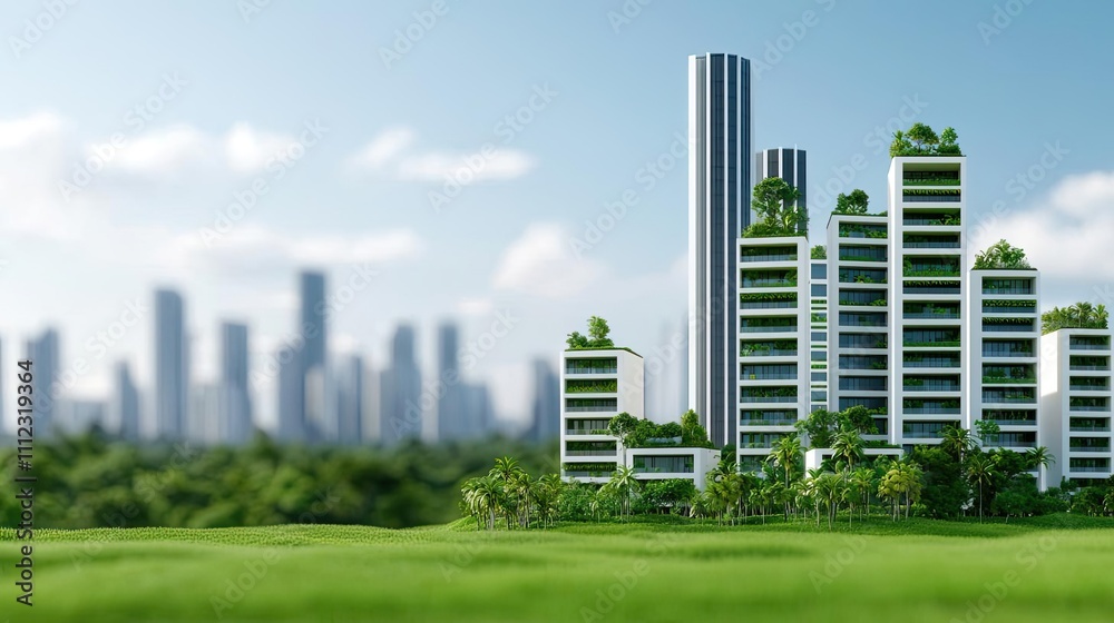 Fototapeta premium Modern eco-friendly buildings with greenery, lush landscape, blue sky background.