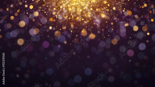 Gold and dark violet Fireworks and bokeh in New Year eve and copy space. Abstract background holiday . AI generative.
