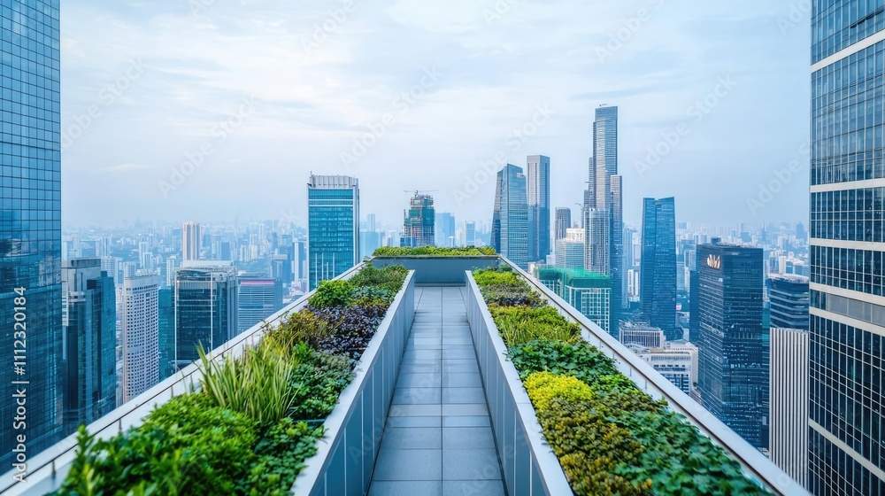 Obraz premium Modern rooftop garden with greenery and city skyline view under cloudy sky