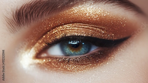 Close-Up of a Blue Eye with Glittering Gold Makeup