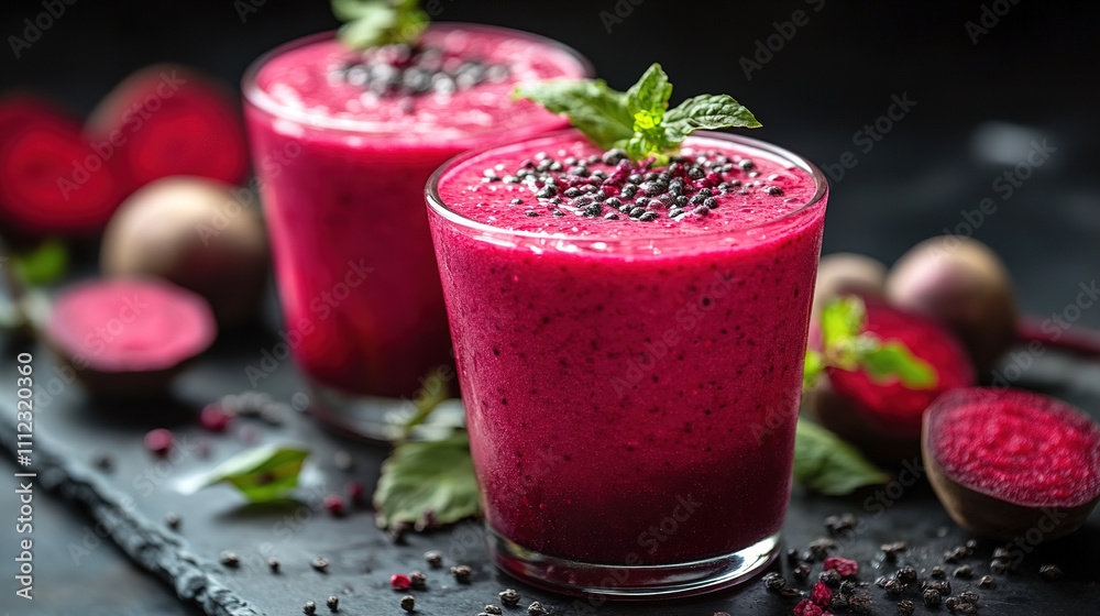 Refreshing berry smoothie garnished with mint leaves served in clear glasses on a slate surface. Generative AI Refreshing berry smoothie garnished with mint leaves served in clear glasses on a slate surface. Generative AI