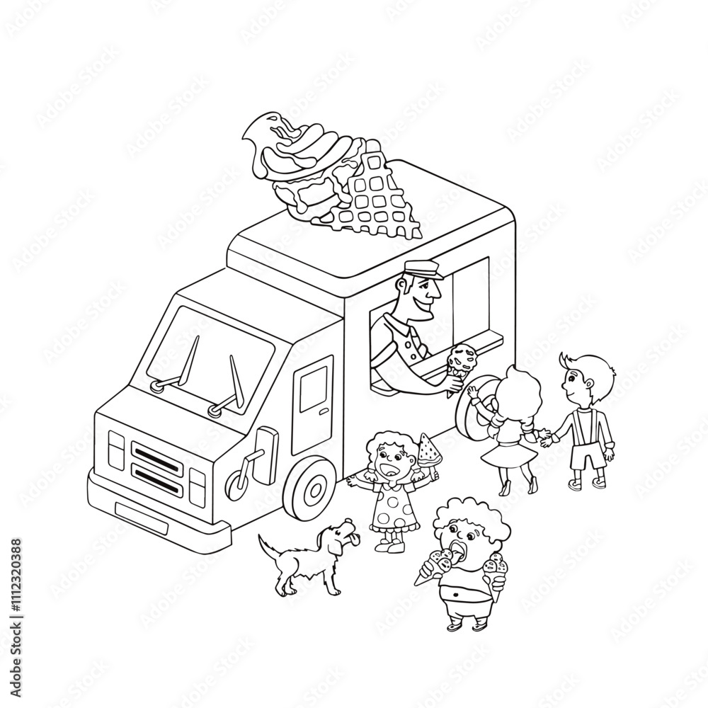 Naklejka premium Ice cream truck with kids and a dog enjoying treats illustration