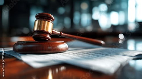 A wooden gavel lies on top of legal documents, symbolizing law, order, and justice in a courtroom environment with focused lighting and shadows present.