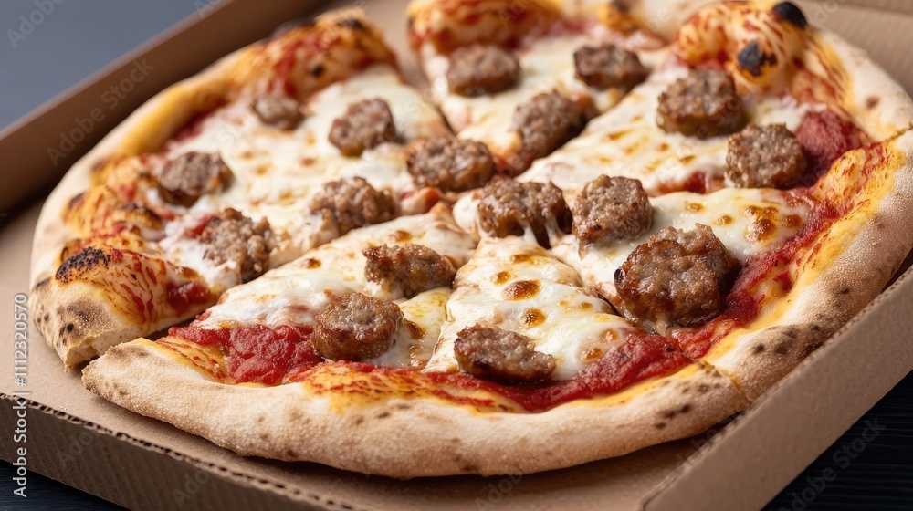 Delicious pizza topped with meatballs in a delivery box. Delicious pizza topped with meatballs in a delivery box.
