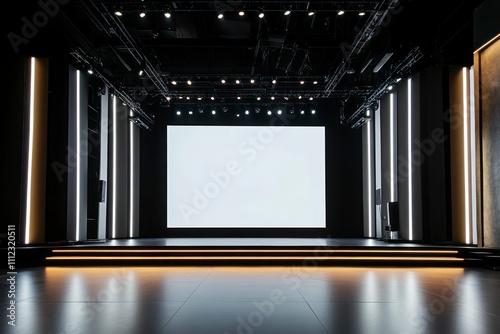 A modern theater with a large blank screen, bright ambient lighting, and a spacious floor, perfect for presentations photo