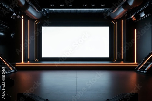 A modern theater with a large blank screen, bright ambient lighting, and a spacious floor, perfect for presentations photo