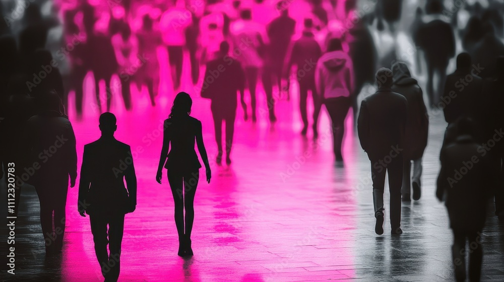 Pink silhouette of couple standing in monochrome crowd of different people,surreal unique and different concept,loneliness in society,shadow,freedom,Love,be yourself,Stand out from the crowd. Pink silhouette of couple standing in monochrome crowd of different people,surreal unique and different concept,loneliness in society,shadow,freedom,Love,be yourself,Stand out from the crowd.