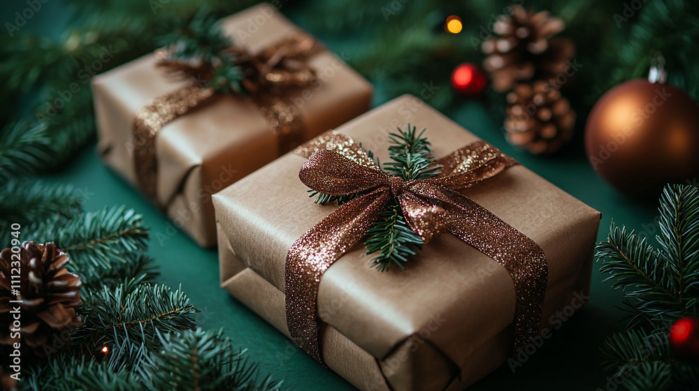 presentes do Natal envolvidos nas fitas cercadas pelas decorações e pelas bugigangas festivas em um fundo verde vibrante, presentes do Natal envolvidos nas fitas cercadas pelas decorações e pelas bugigangas festivas em um fundo verde vibrante,