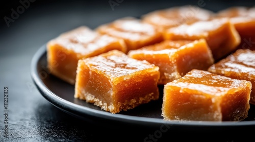 A close-up view of delectable caramel squares arranged neatly on a round, black plate, showcasing their glossy and tempting texture, perfect for dessert lovers.