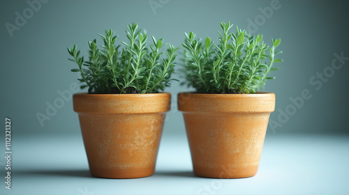 Green herbs growing in clay pots on a simple table against a light background. Generative AI