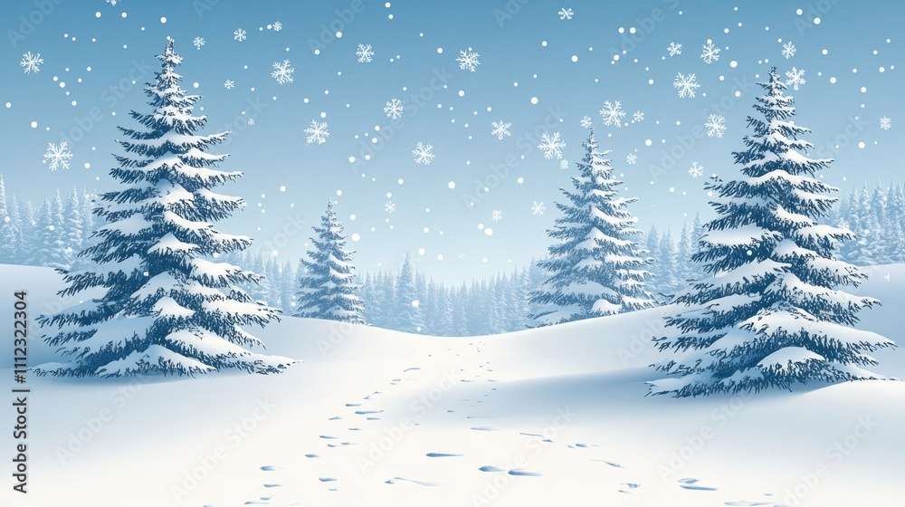 Snow Covered Pines and Footprints in Winter Wonderland Snow Covered Pines and Footprints in Winter Wonderland