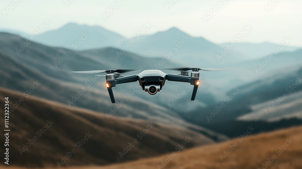 Quadcopter drone flying over mountainous landscape with blurred background, showcasing aerial technology in nature exploration and photography. Quadcopter drone flying over mountainous landscape with blurred background, showcasing aerial technology in nature exploration and photography.