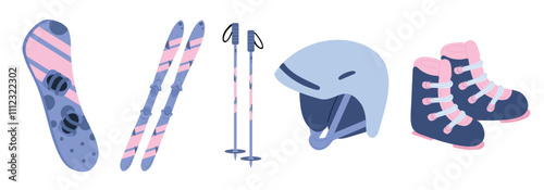 Set for winter sport activities snowboard, skis, pair of ski poles, protective helmet, ski boots in blue and pink colors on white background. Hand drawn vector illustration in flat style