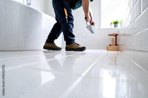 Construction worker cleaning grouting white tiles in modern bathroom photo