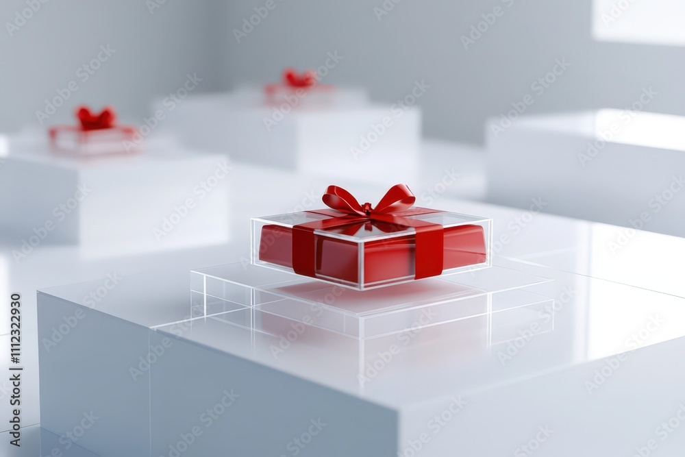 Fototapeta premium Red gift box on acrylic table in minimalist white background