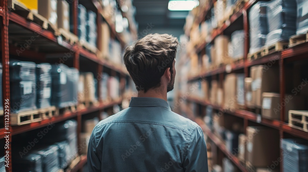 Man standing in a large warehouse aisle looking at inventory Man standing in a large warehouse aisle looking at inventory
