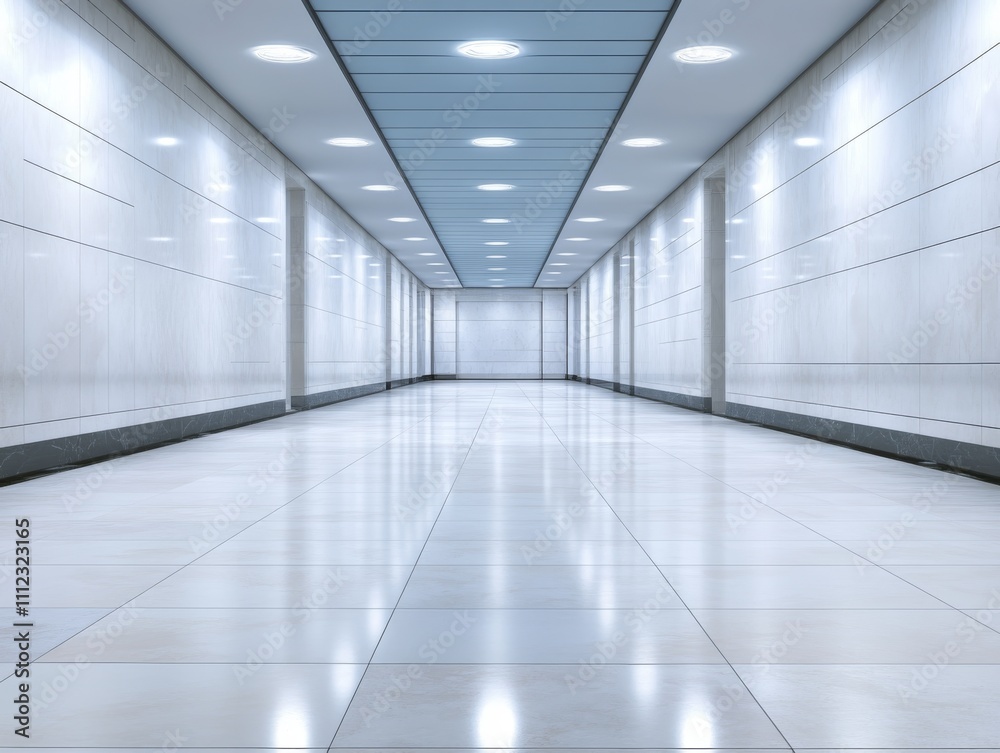 Brightly lit hallway features white walls and a blue ceiling, designed with geometric patterns, creating a modern, futuristic atmosphere perfect for commercial settings Brightly lit hallway features white walls and a blue ceiling, designed with geometric patterns, creating a modern, futuristic atmosphere perfect for commercial settings