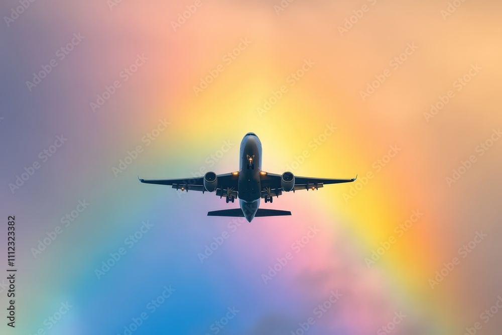 Obraz premium Airplane passing under a vibrant rainbow in the sky