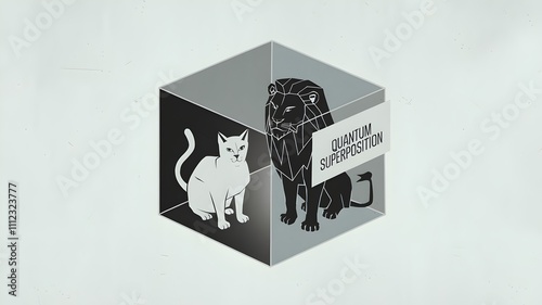 Transparent box with a cat and lion in quantum superposition, labeled 