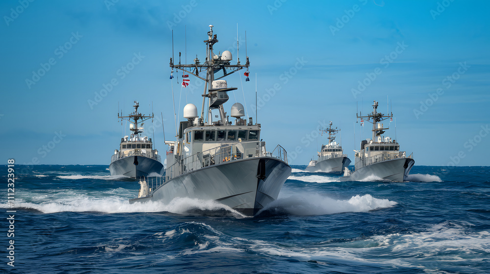 Naval patrol boats cruising through the open sea, maintaining security and vigilance in international waters, symbolizing maritime defense and global cooperation. Naval patrol boats cruising through the open sea, maintaining security and vigilance in international waters, symbolizing maritime defense and global cooperation.