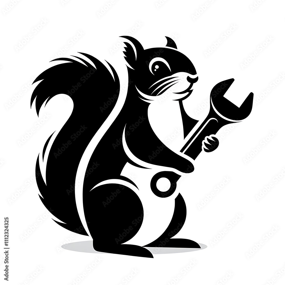 Squirrel holding a wrench in a playful design. Squirrel holding a wrench in a playful design.