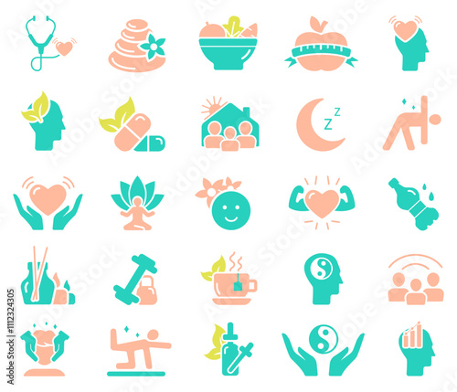 Set of line icons related to wellness, wellbeing, mental health, healthcare, spa, medical. Outline icon collection. Vector flat icons