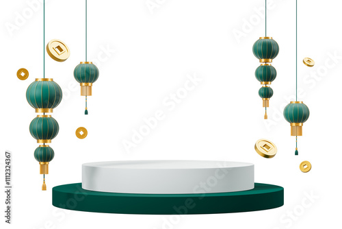 Green Chinese lanterns with golden details, gold coins, and a green and white podium, isolated on a white background. Concept of New Year celebration. 3D Rendering. photo