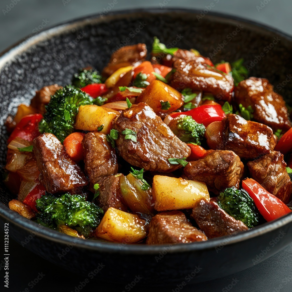 a delicious serving of stir fried vegetables loaded with chunks of juicy lamb meat, cooked to perfection a delicious serving of stir fried vegetables loaded with chunks of juicy lamb meat, cooked to perfection