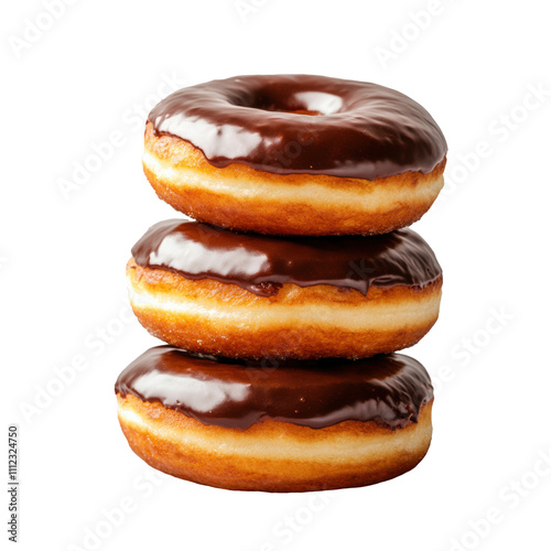 Chocolate glazed donuts stacked for dessert enjoyment