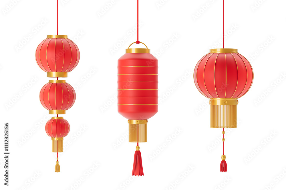 Three red and gold Chinese lanterns isolated on a white background, showcasing intricate details. Concept of New Year celebrations and culture. 3D Rendering. Three red and gold Chinese lanterns isolated on a white background, showcasing intricate details. Concept of New Year celebrations and culture. 3D Rendering.
