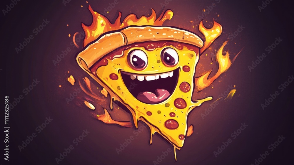 Fototapeta premium A cheerful cartoon pizza slice with a big smile, surrounded by flames, conveying excitement.