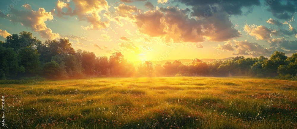 Breathtaking sunset over a lush scenic countryside meadow with a vibrant glowing sky filled with dramatic clouds  Serene and tranquil rural landscape captured in the warm golden light of dawn or dusk