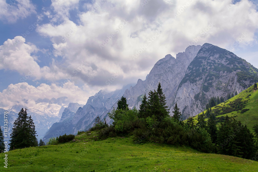 Obraz premium Donnerkogel Mountain in Alps, Gosau, Gmunden district, Upper Austria federal state, cloudy summer day