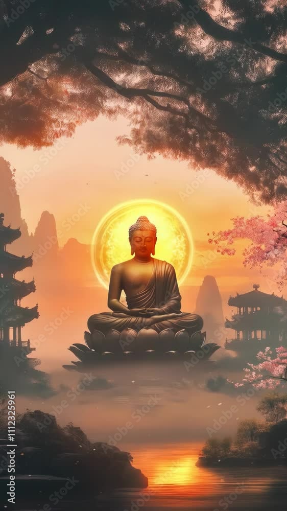Serene Buddha or Siddhartha Gautama figure sitting under the Bodhi tree in the lotus position, surrounded by a glowing golden aura. The concept of faith in Buddhism. Vertical video Serene Buddha or Siddhartha Gautama figure sitting under the Bodhi tree in the lotus position, surrounded by a glowing golden aura. The concept of faith in Buddhism. Vertical video