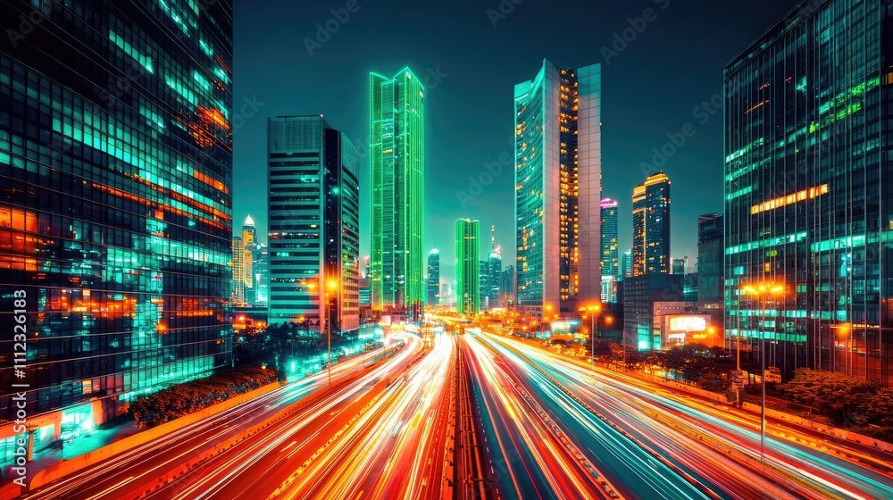Vibrant cityscape at night with illuminated skyscrapers and light trails. Vibrant cityscape at night with illuminated skyscrapers and light trails.