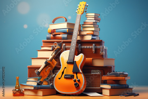 Fantastic A room with a pink wall with a bunch of toys and a guitar on it