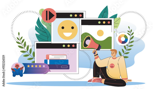 Content types selling. Man with loudspeaker near social media content. SEO and SMM specialist. Internet and social networks promotion. Flat vector illustration