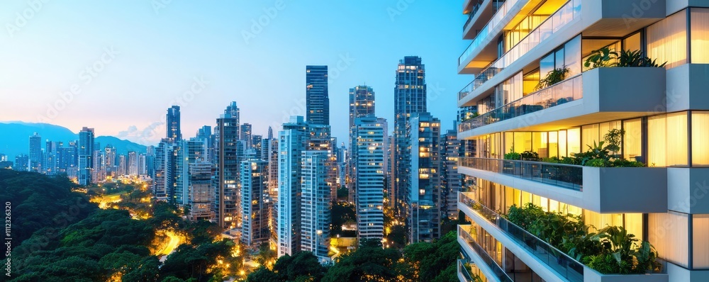 Obraz premium Modern city skyline with illuminated buildings at dusk.