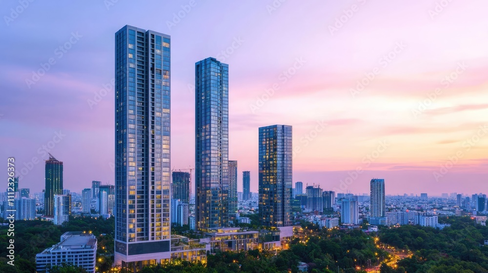 Obraz premium Modern skyscrapers against a colorful sunset sky.