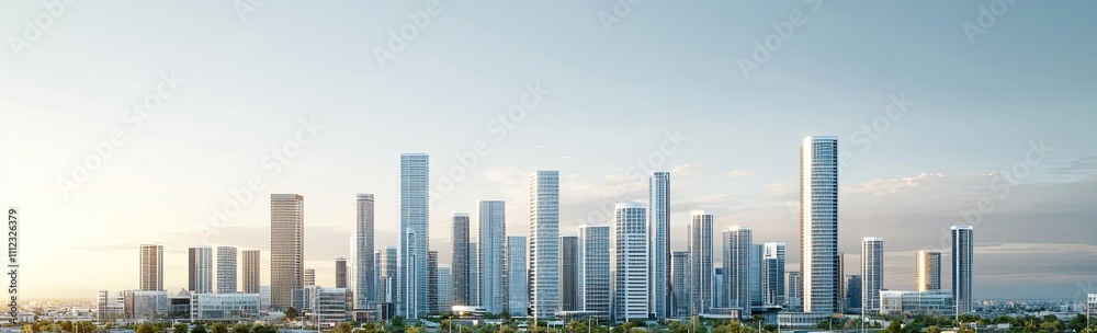 Modern city skyline with skyscrapers reflecting on the water under a clear sky. Modern city skyline with skyscrapers reflecting on the water under a clear sky.
