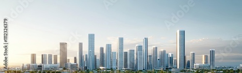 Modern city skyline with skyscrapers reflecting on the water under a clear sky.
