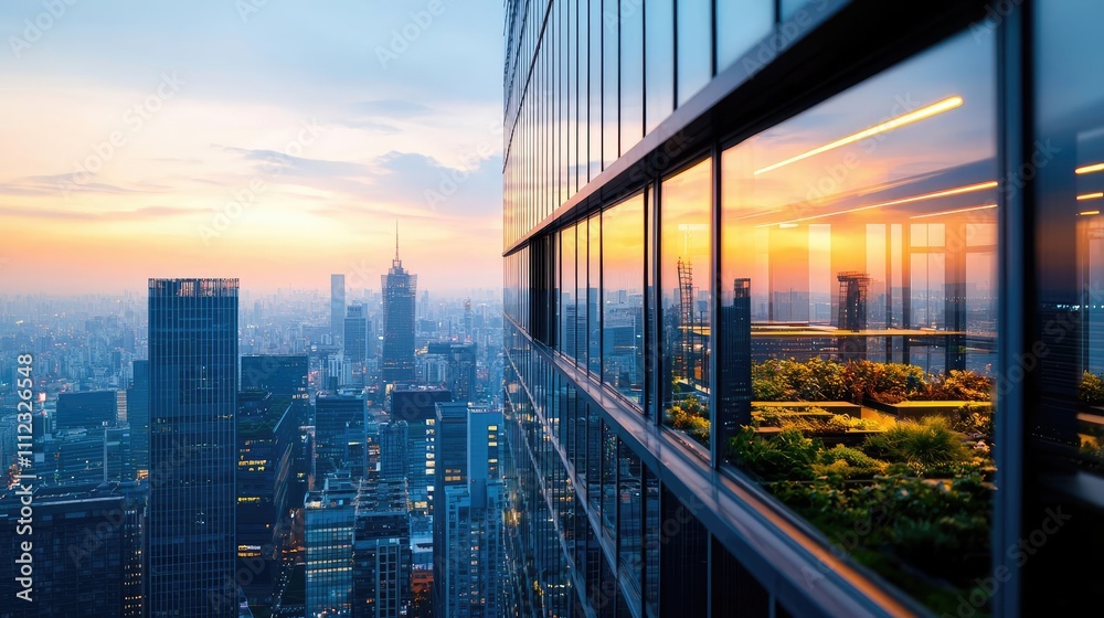 Obraz premium Modern architecture with a city skyline and green rooftop garden during sunset.