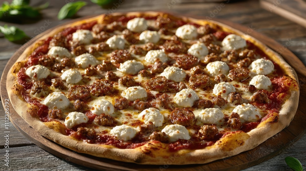 Delicious pizza with meat and cheese, freshly baked on a wooden board. Delicious pizza with meat and cheese, freshly baked on a wooden board.