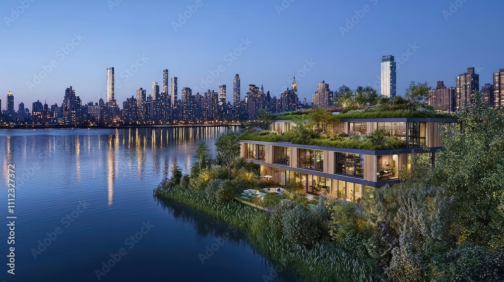 Obraz premium Modern riverside building with greenery at dusk, scenic urban skyline in background.