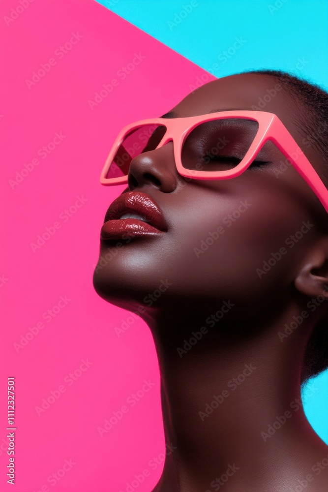 Fashion model wearing pink sunglasses and red lipstick posing on colorful background Fashion model wearing pink sunglasses and red lipstick posing on colorful background