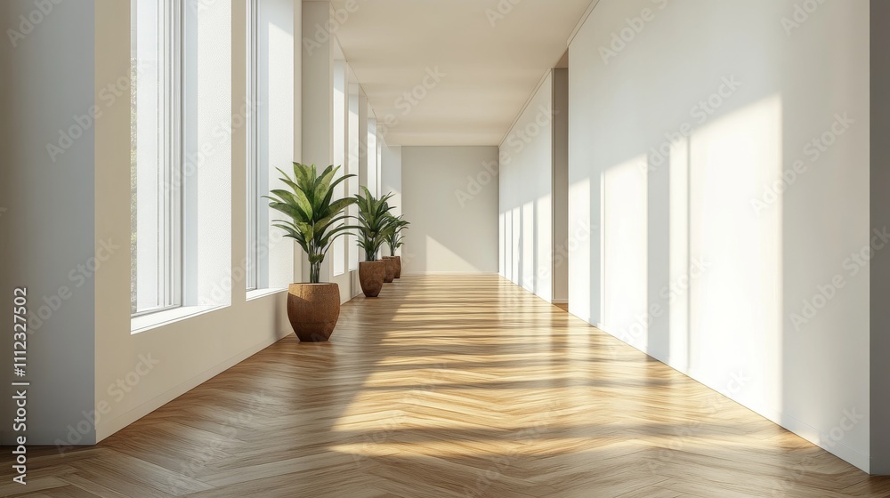 Fototapeta premium Sunlit Hallway with Plants in Brown Pots and Light Wood Floor